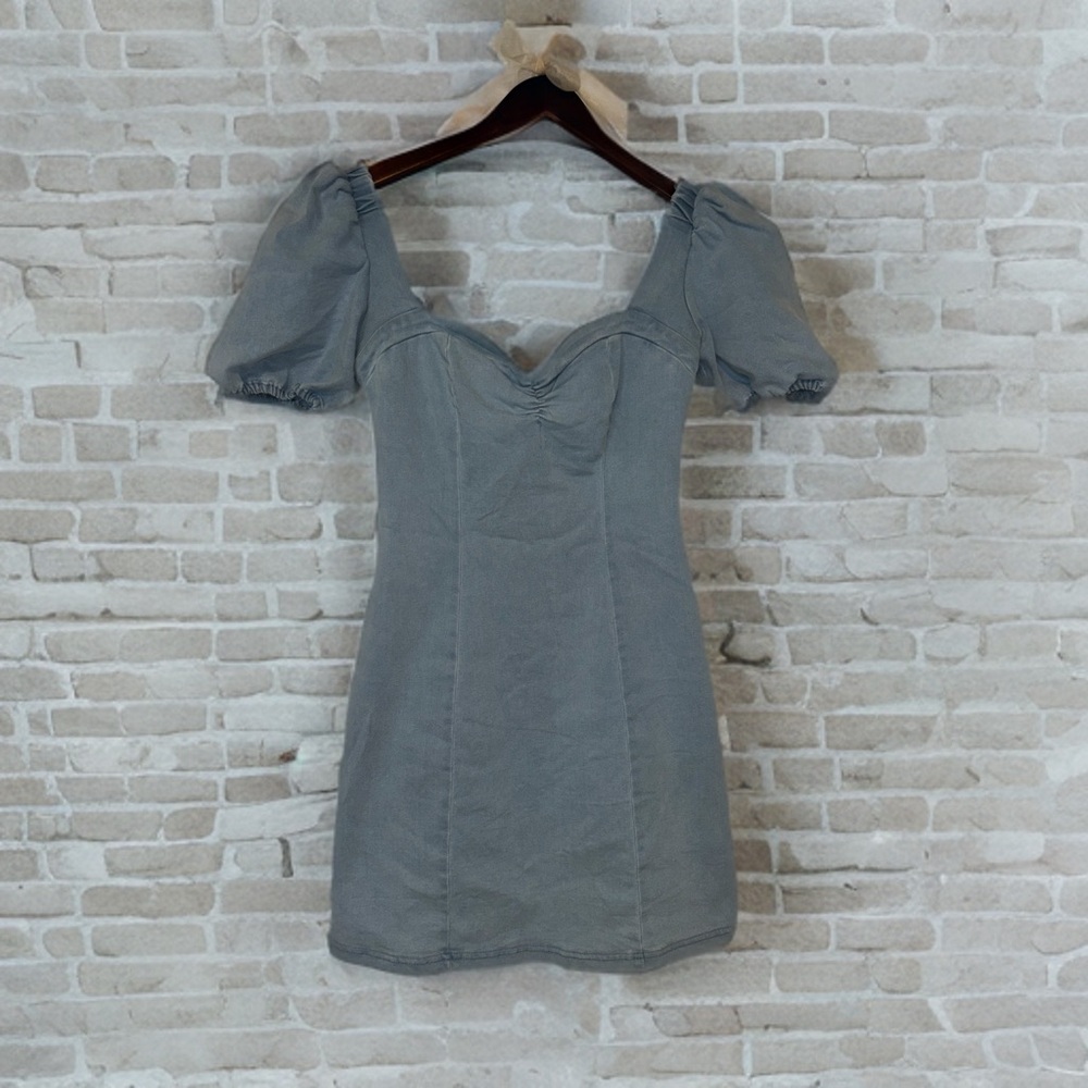 Puff Sleeve Stretchy Denim Tie Back Dress